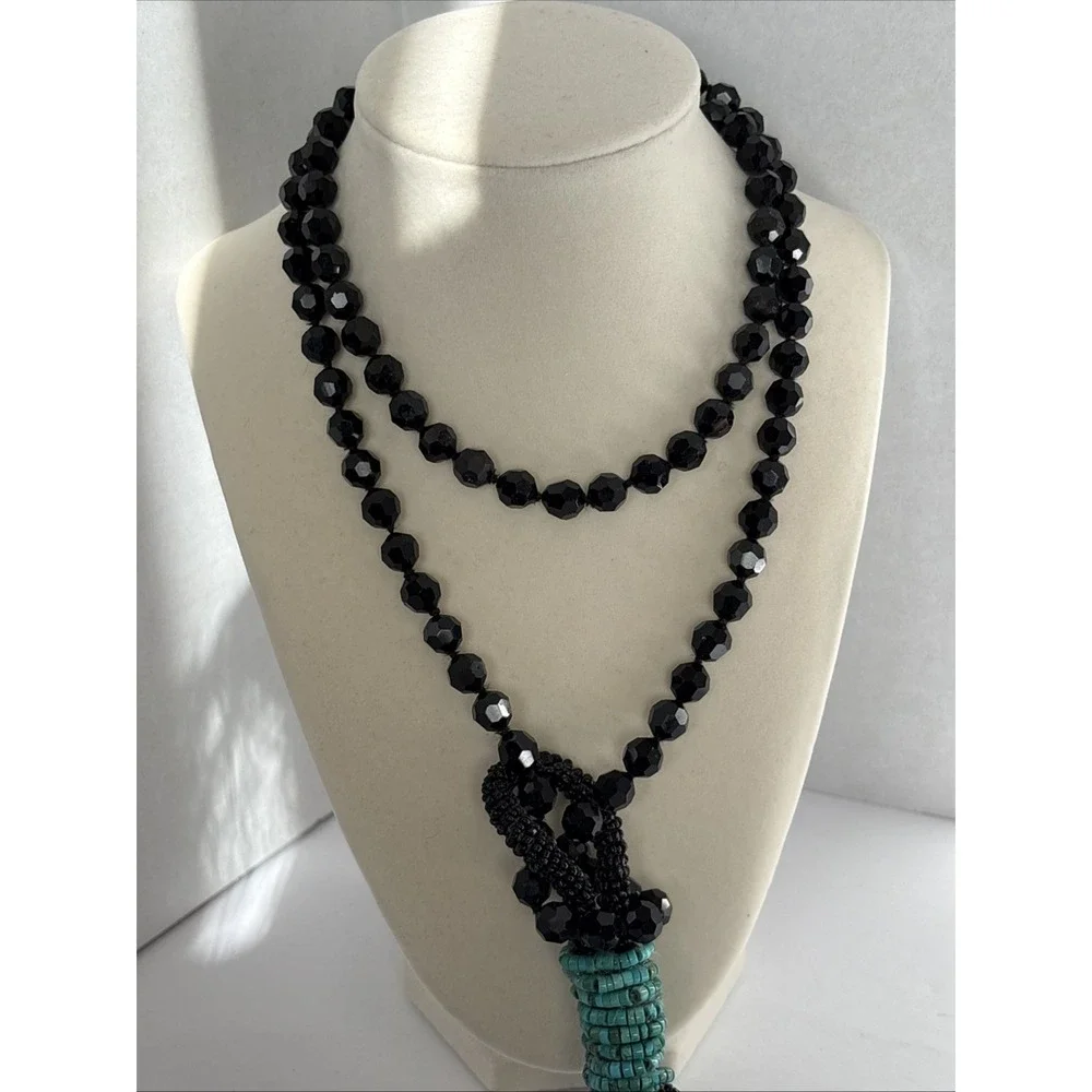 Victorian Jet Black Faceted Beaded Mourning Necklace with Turquoise Accent